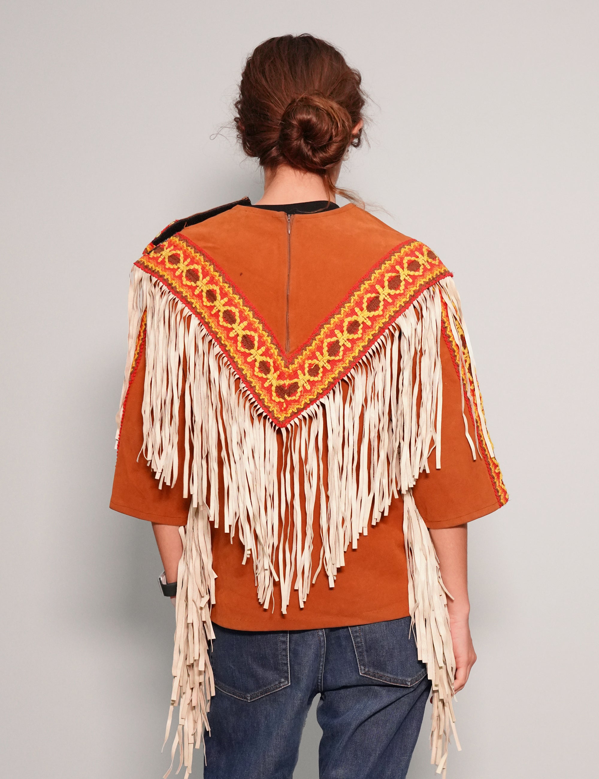 Women's Vintage Fringe Leather Jacket with Aztec Pattern in Orange | Stuart Trevor