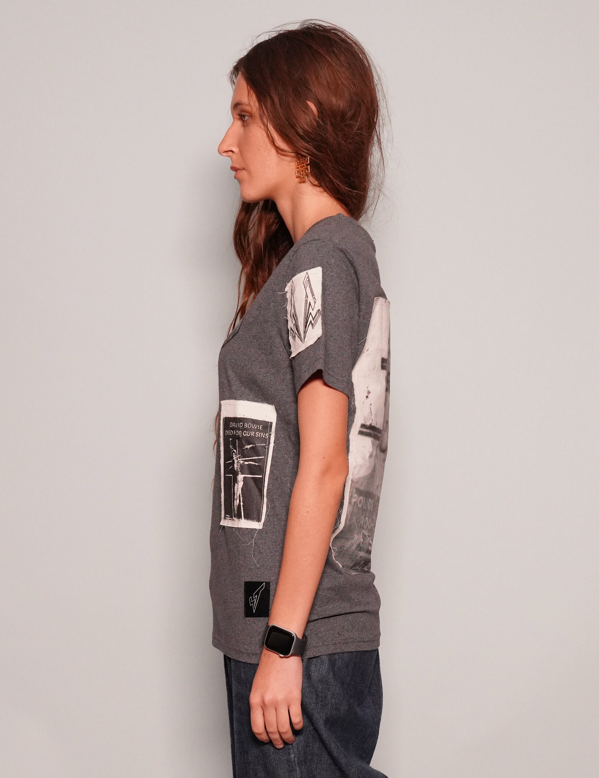 Women's Grey Graphic T-Shirt with David Bowie Patches | Stuart Trevor