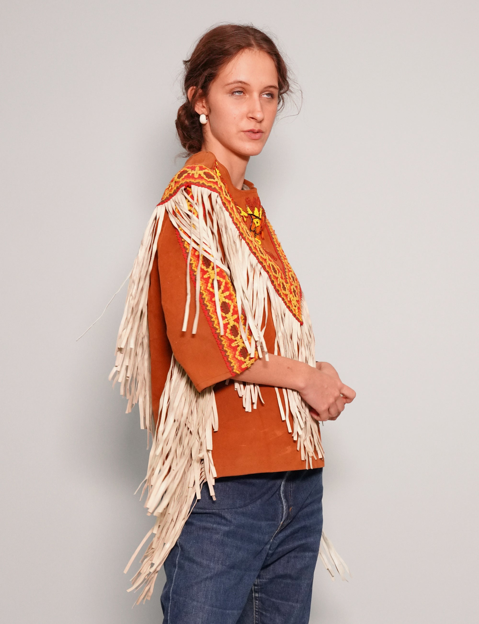 Women's Vintage Fringe Leather Jacket with Aztec Pattern in Orange | Stuart Trevor