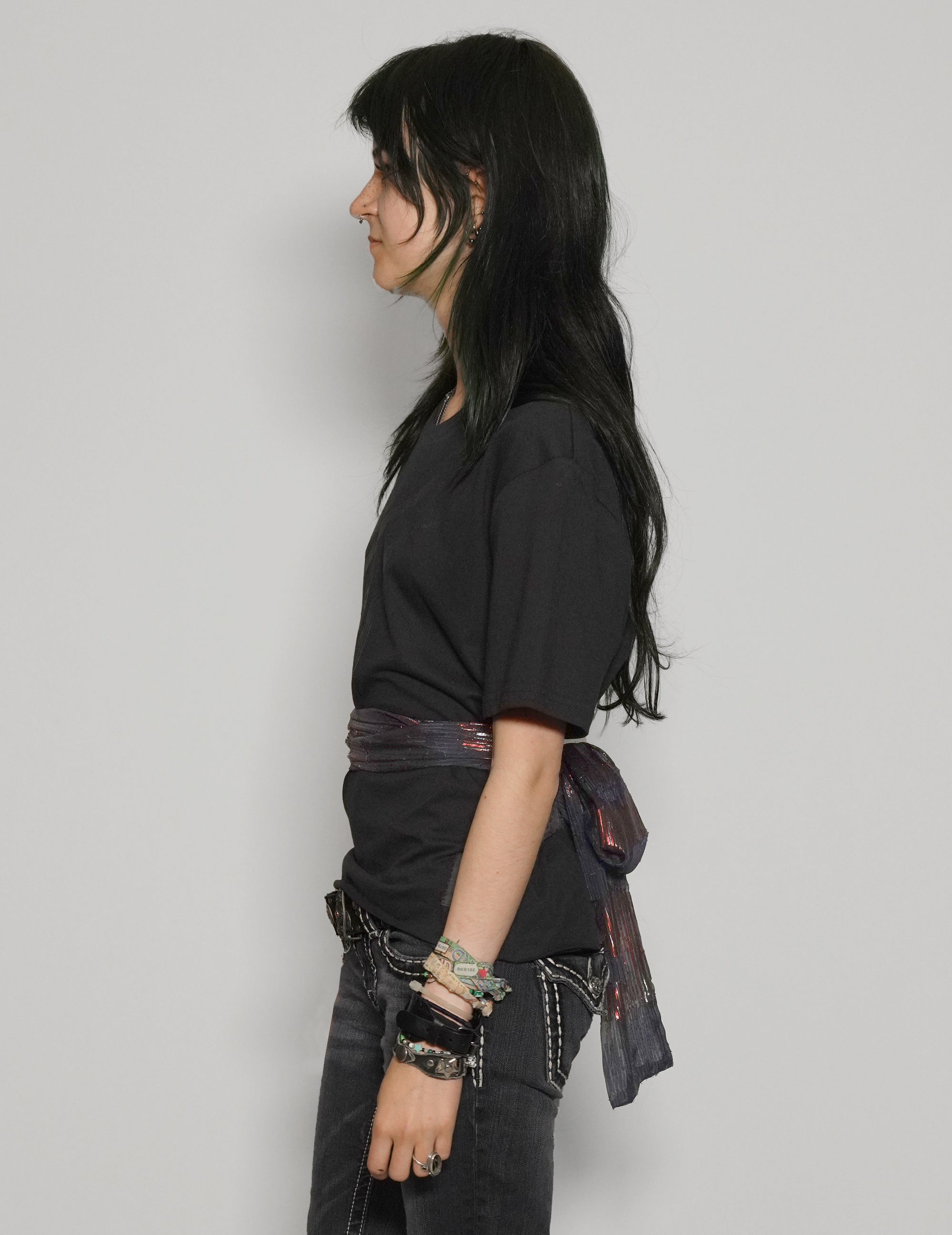 Women's Black T-Shirt with Blue & Gold Sequin Tie Waist | Stuart Trevor