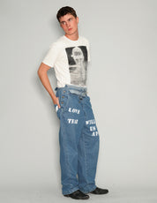 Men's Vintage Blue Denim Dungarees with Graphic Print | Stuart Trevor