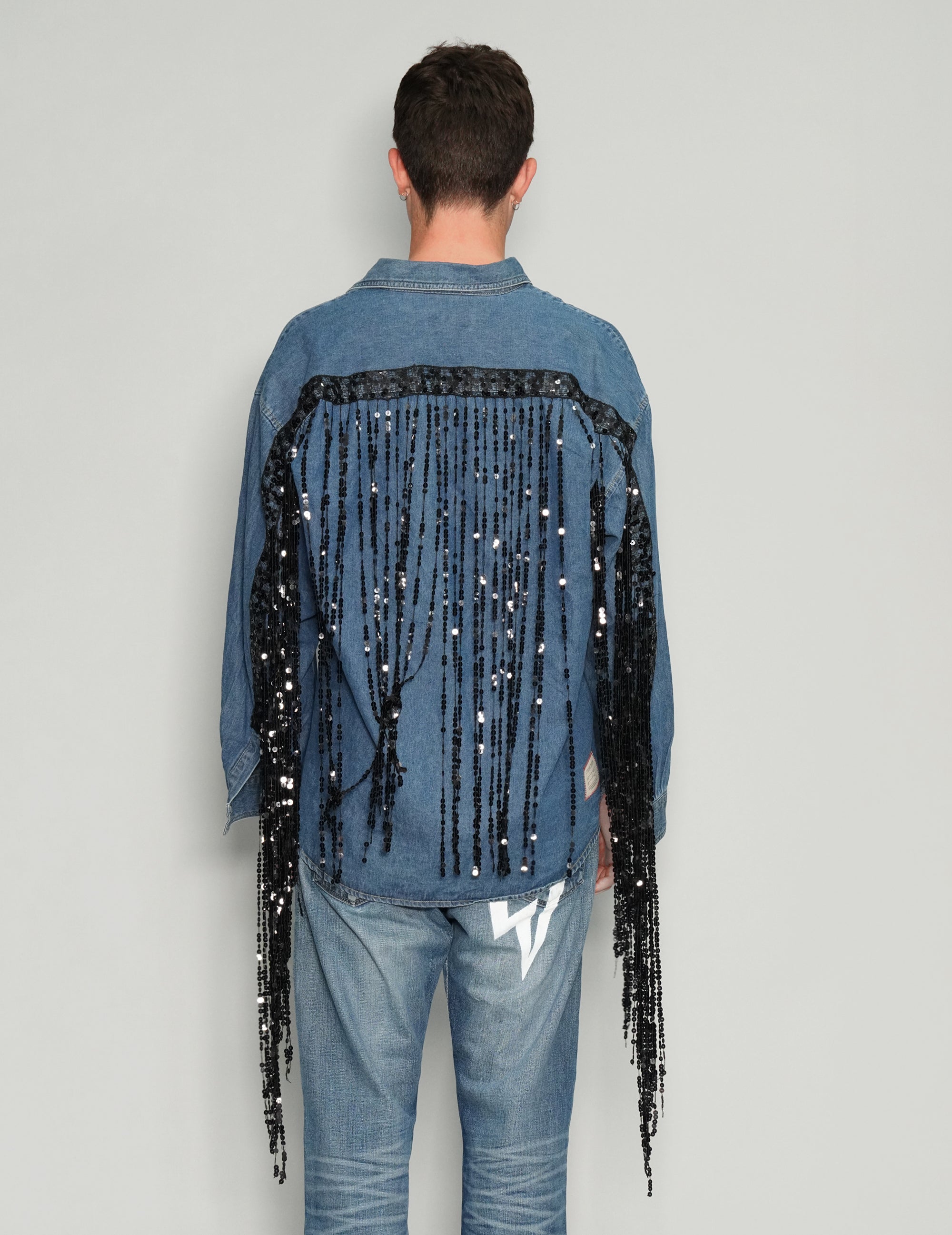 Men's Vintage Blue Denim Shirt with Black Sequin Tassels | Stuart Trevor