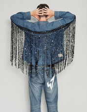 Men's Vintage Blue Denim Shirt with Black Sequin Tassels | Stuart Trevor