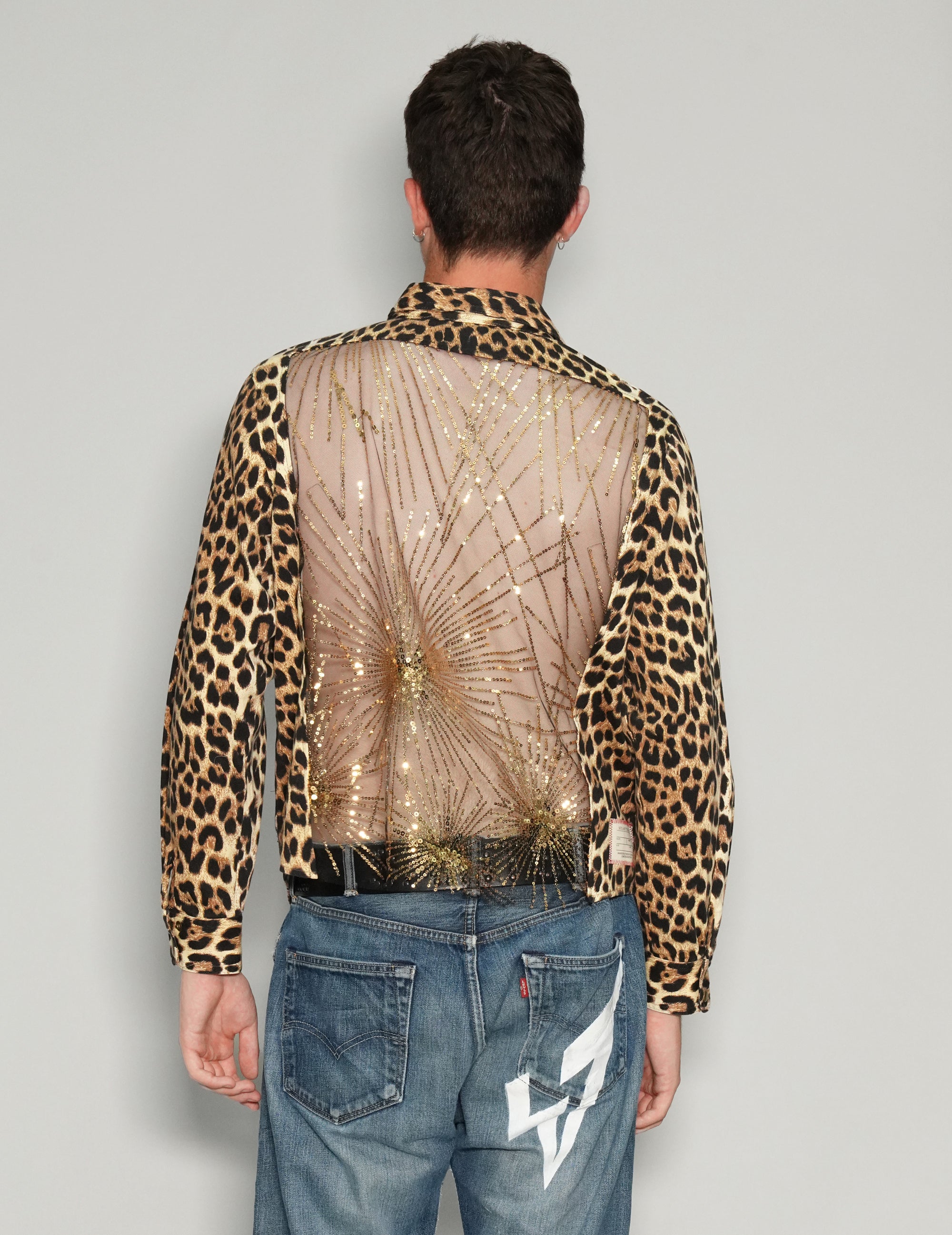 Men's Leopard Print Shirt with Gold Sequin Sheer Back | Stuart Trevor