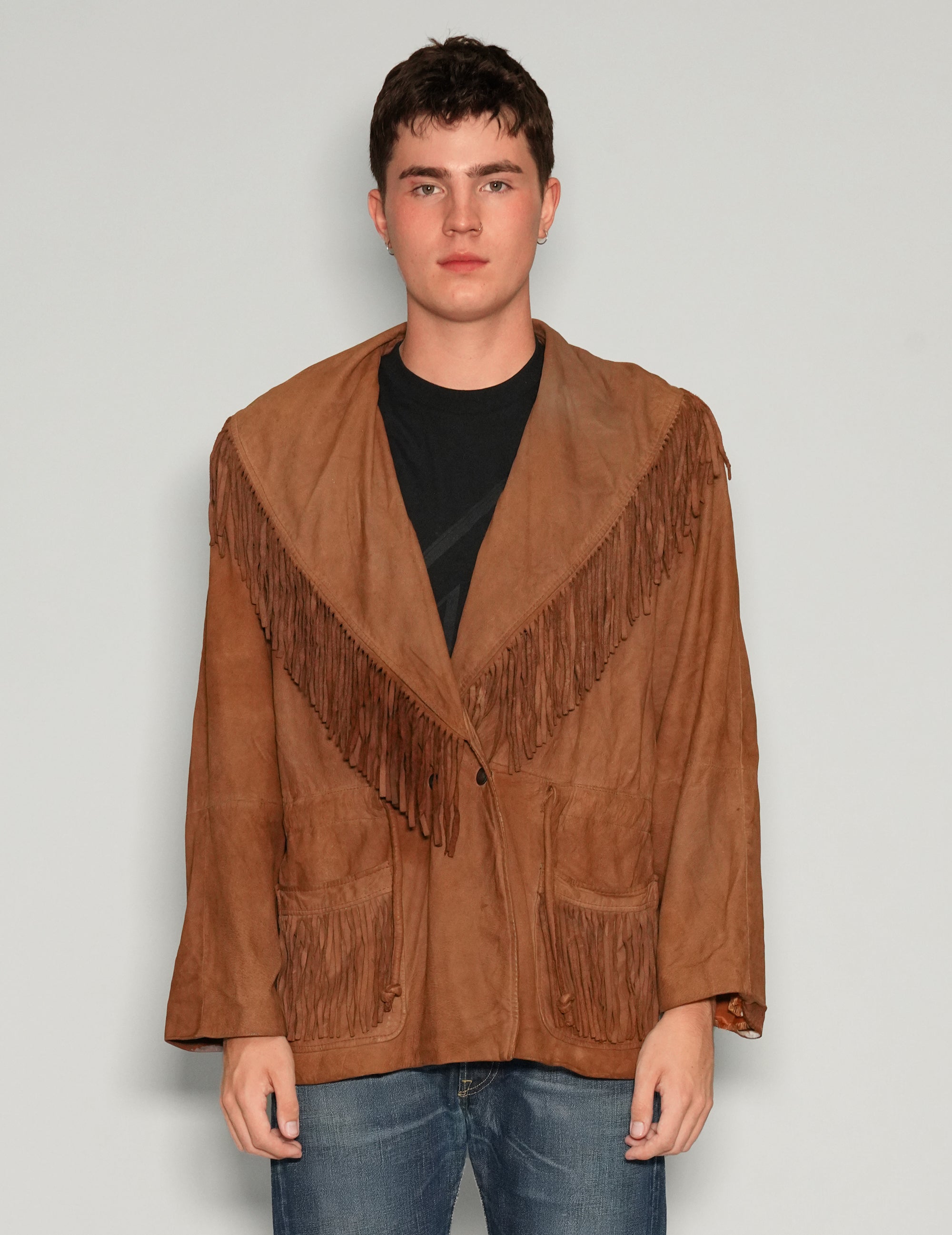 Men's Vintage Suede Fringe Jacket in Brown | Stuart Trevor