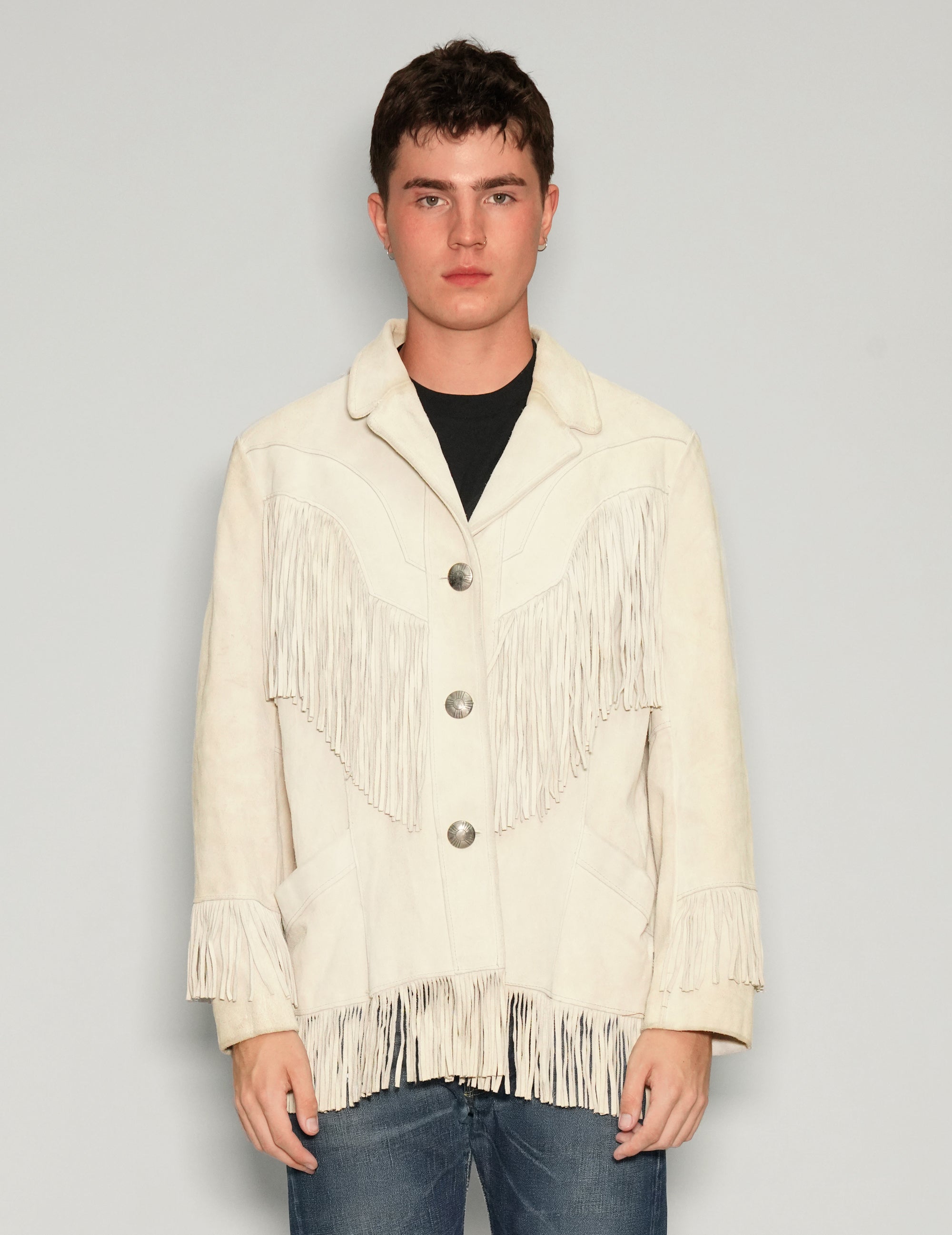 Men's Vintage Suede Fringe Jacket in Cream | Stuart Trevor