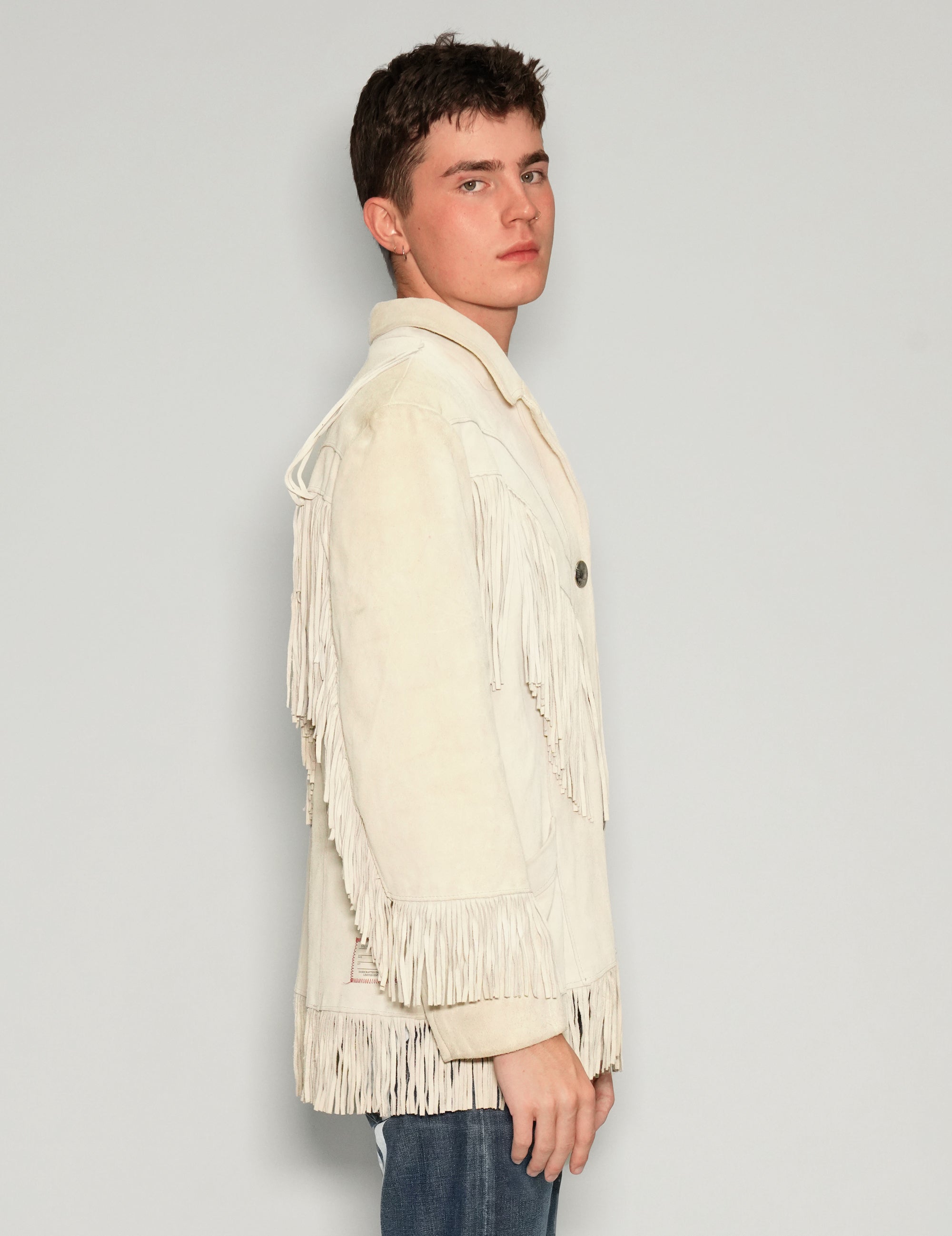 Men's Vintage Suede Fringe Jacket in Cream | Stuart Trevor