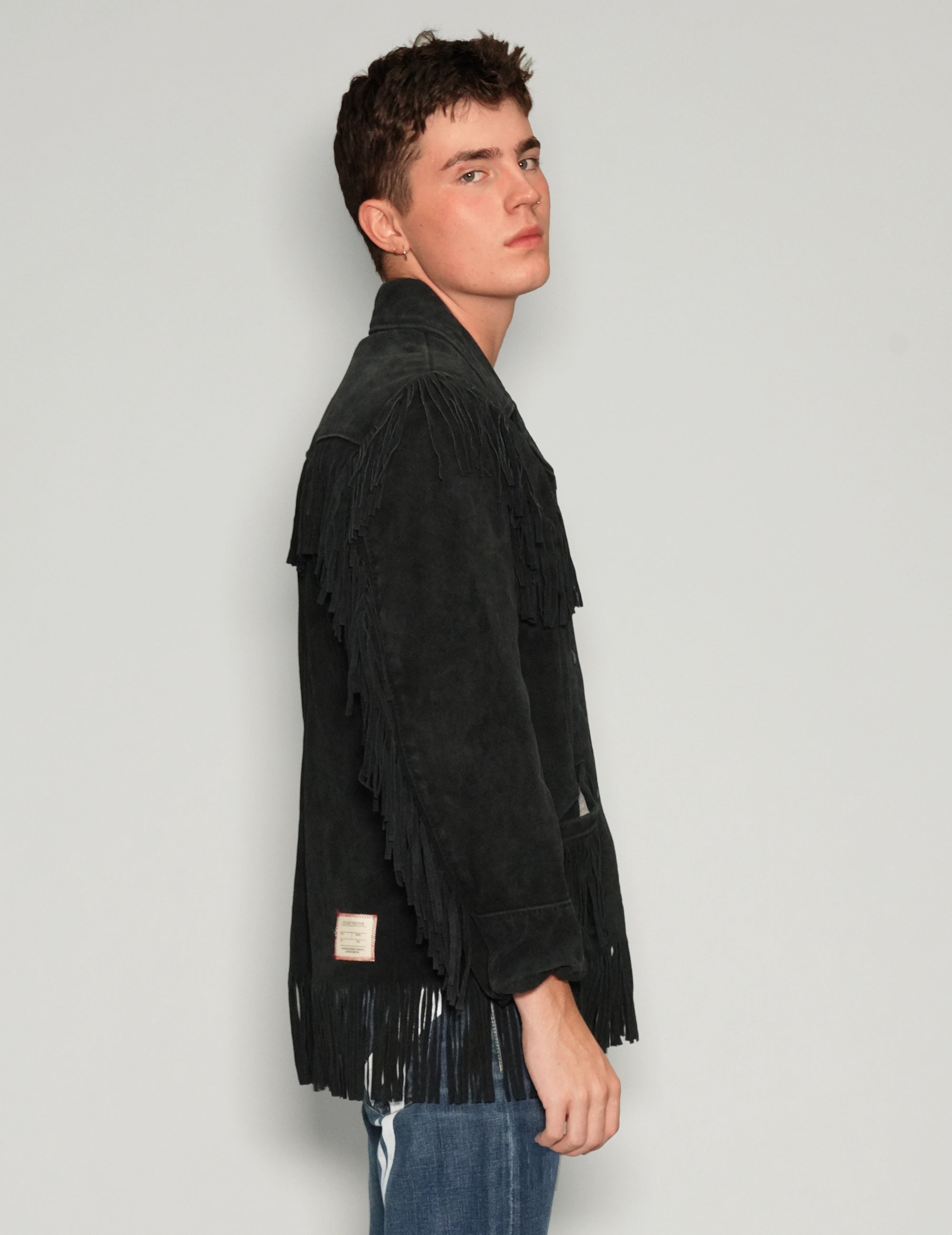 Men's Vintage Suede Fringe Cowboy Jacket in Black | Stuart Trevor