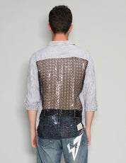 Men's Striped Linen Shirt with Black Sequin Sheer Back | Stuart Trevor