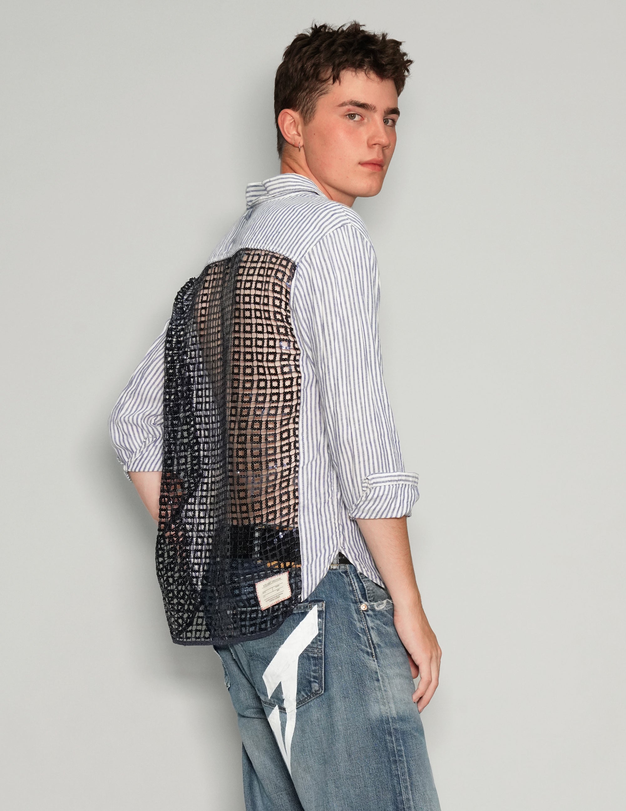 Men's Striped Linen Shirt with Black Sequin Sheer Back | Stuart Trevor