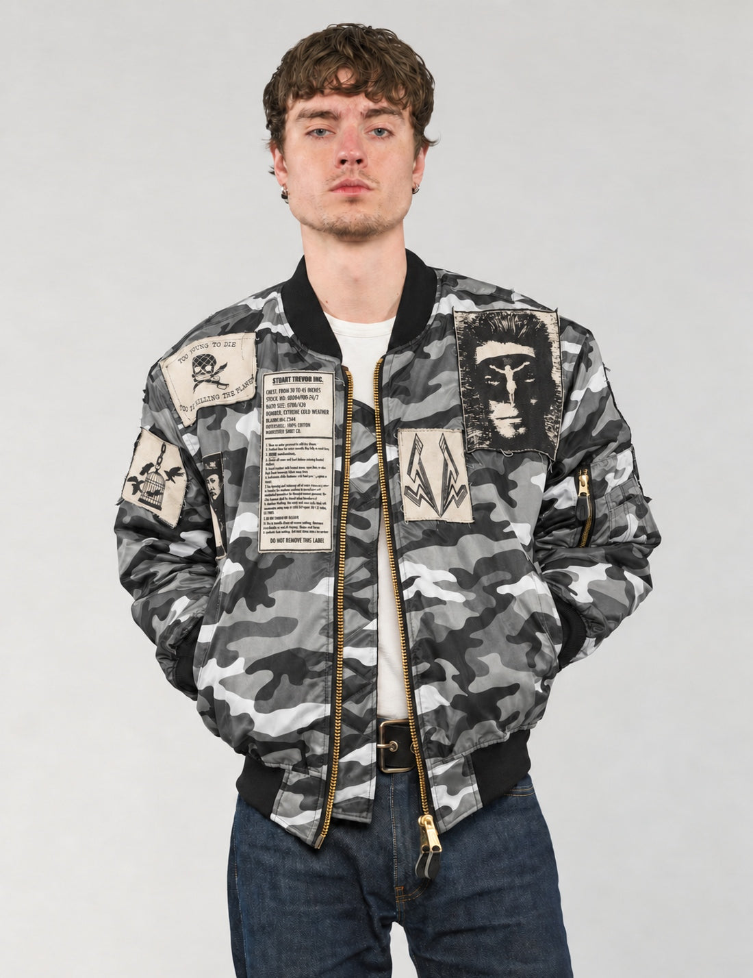 MA-1 Patched Bomber in Urban Camo, front open view