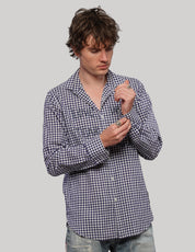 Love Will Tear Us Apart navy and white gingham shirt, front view