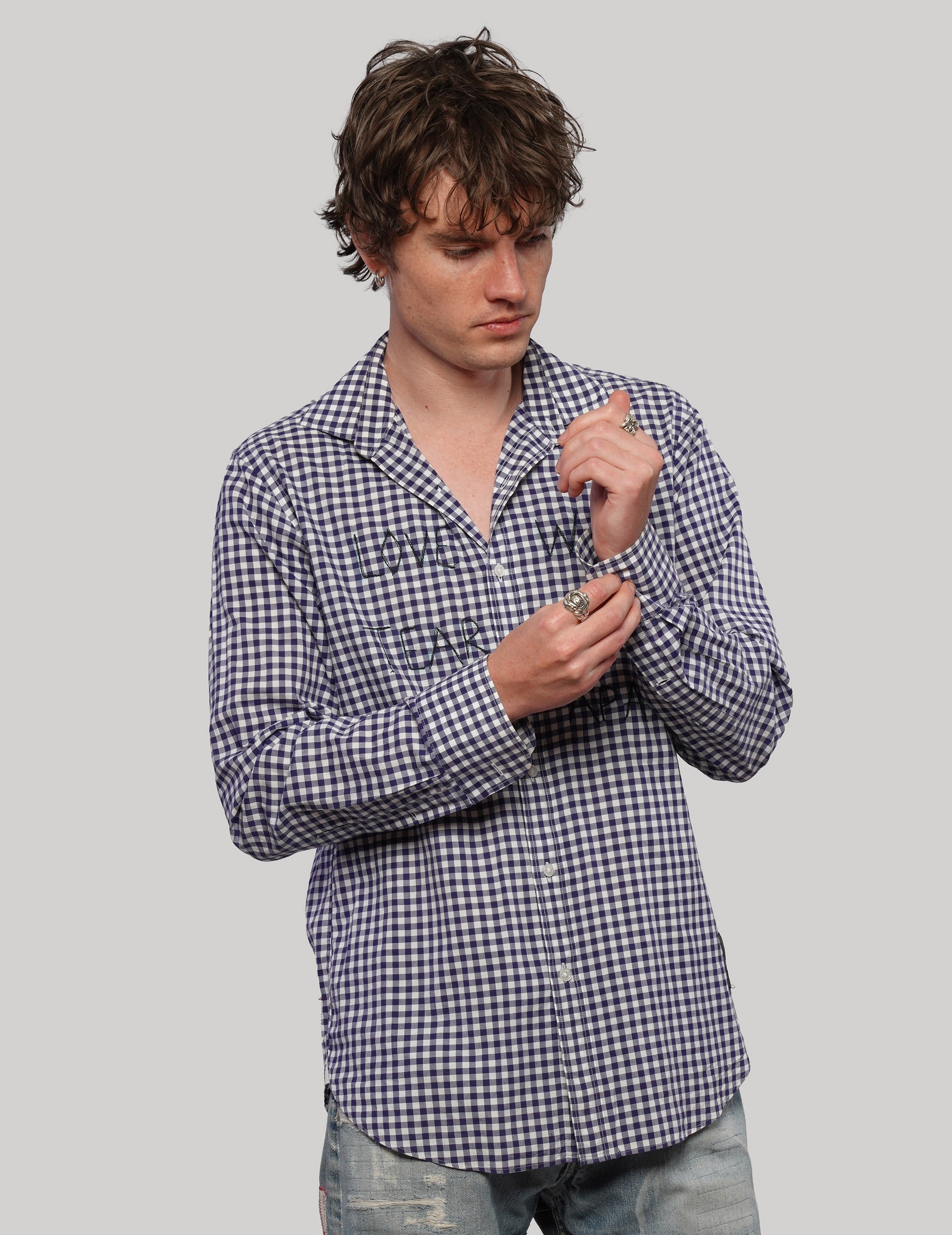 Love Will Tear Us Apart navy and white gingham shirt, front view