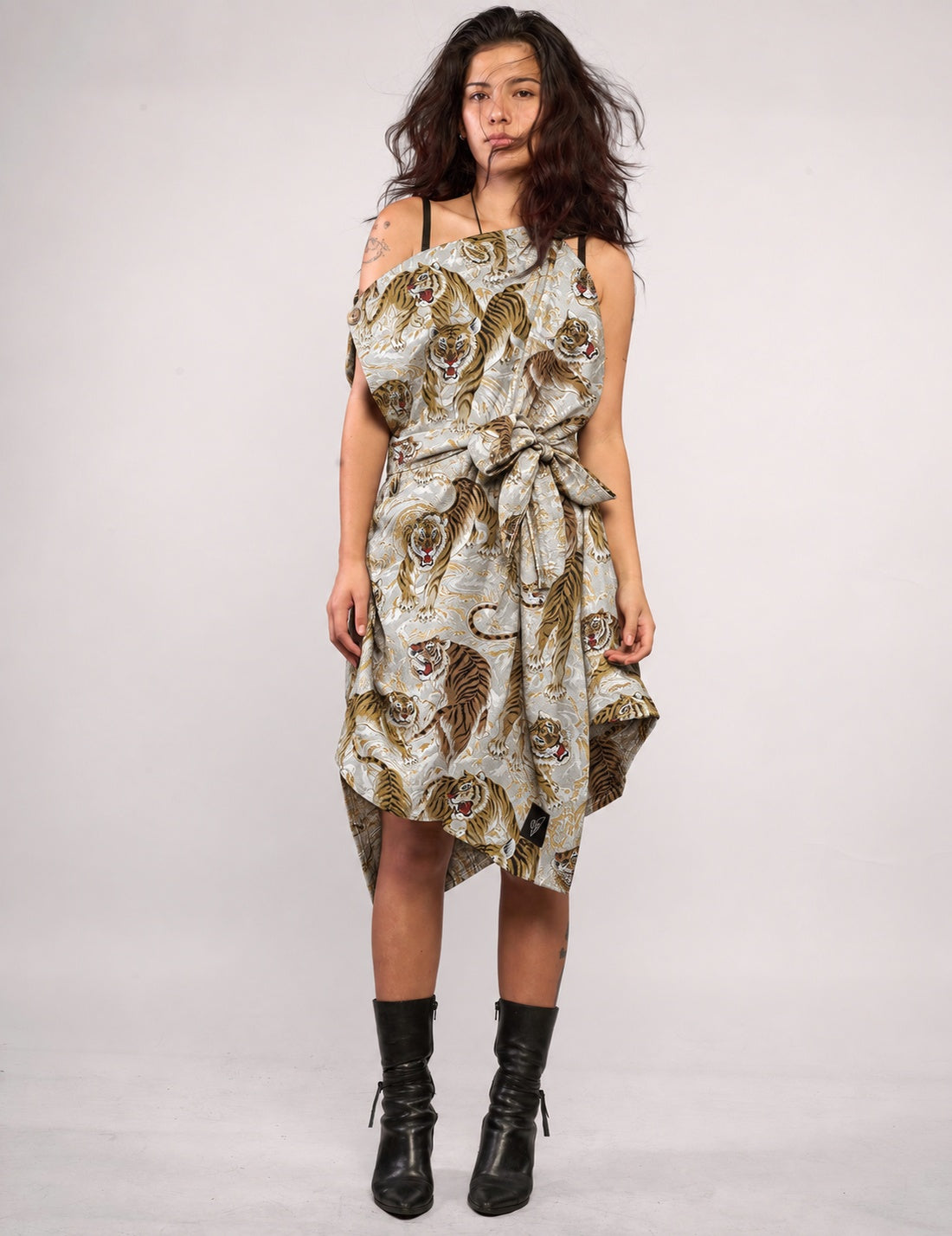 STUART TREVOR ivory tiger-print Pirate Dress – front view, belted at the waist with asymmetric hem.