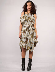 STUART TREVOR ivory tiger-print Pirate Dress – front view, belted at the waist with asymmetric hem.