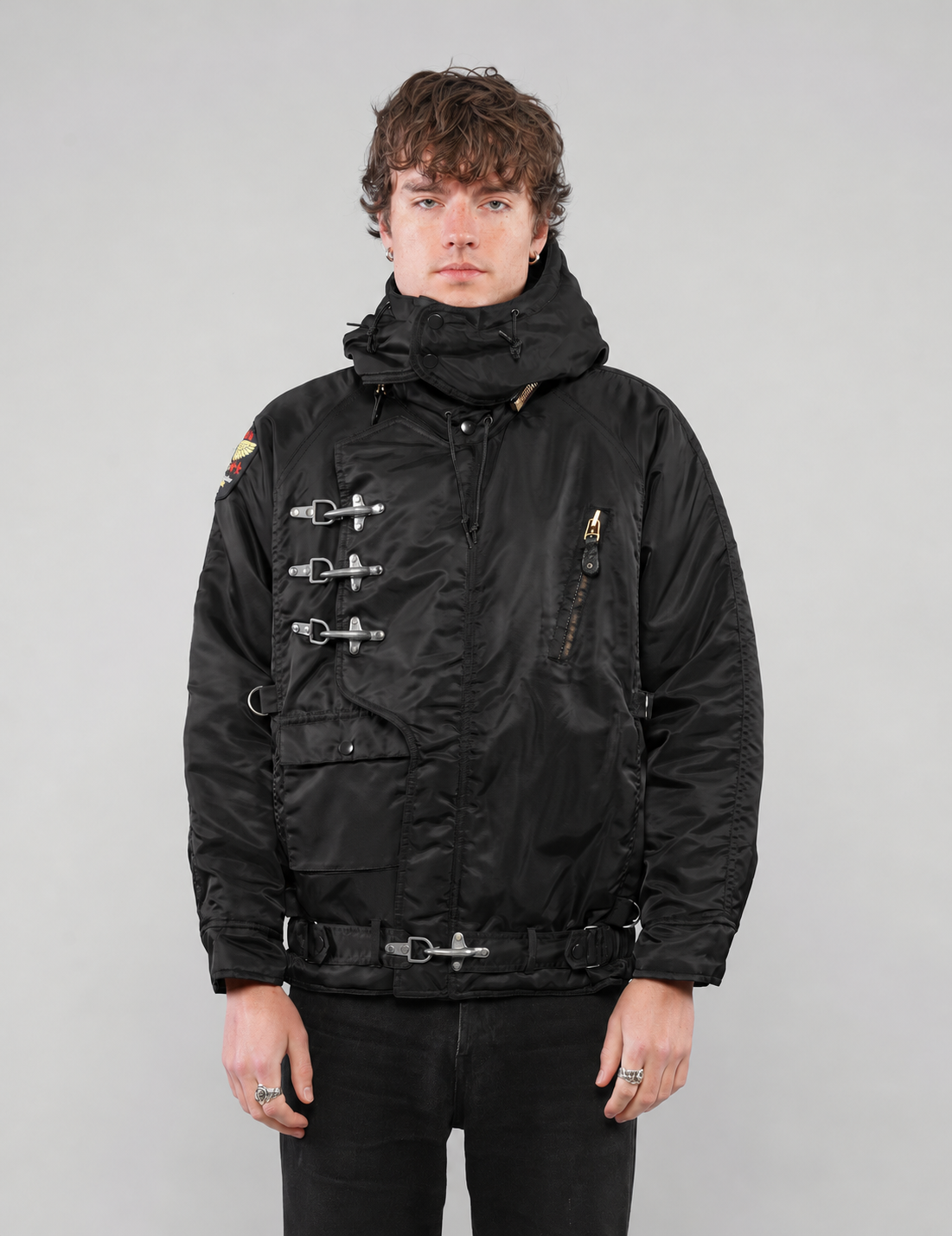 Black US Fireman’s Clasp-Front Hooded Jacket, front view with hood down