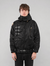 Black US Fireman’s Clasp-Front Hooded Jacket, front view with hood down