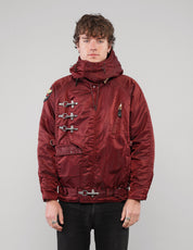 Front view of a burgundy hooded clasp-front jacket.