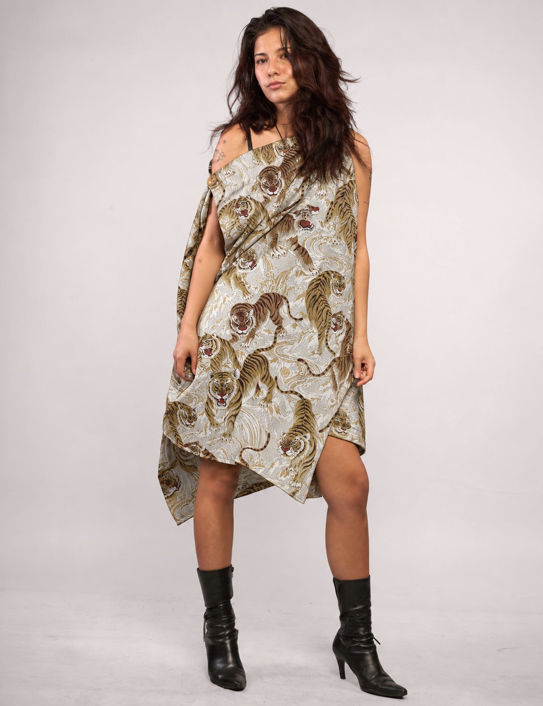 STUART TREVOR ivory tiger-print Pirate Dress – front view, unbelted showing full asymmetric silhouette.