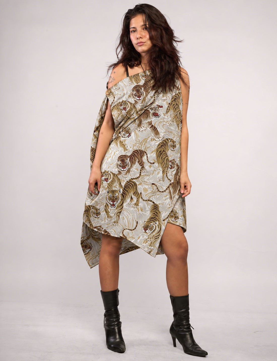 STUART TREVOR ivory tiger-print Pirate Dress – front view, unbelted showing full asymmetric silhouette.