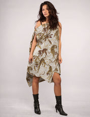 STUART TREVOR ivory tiger-print Pirate Dress – front view, unbelted showing full asymmetric silhouette.