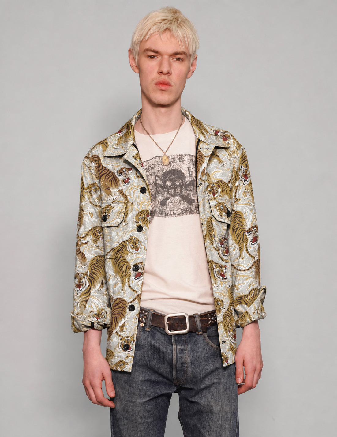 STUART TREVOR tiger workshirt worn open over a graphic T-shirt.