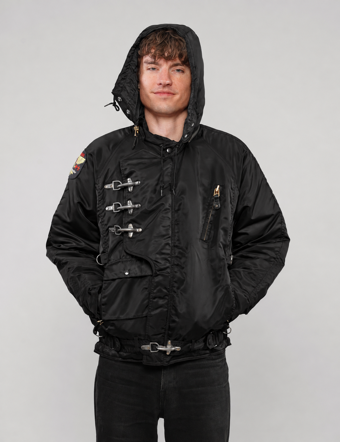 Black US Fireman’s Clasp-Front Hooded Jacket with hood up