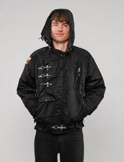 Black US Fireman’s Clasp-Front Hooded Jacket with hood up