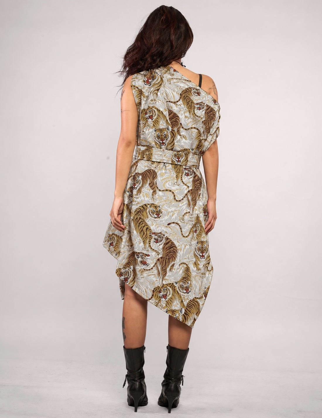 STUART TREVOR ivory tiger-print Pirate Dress – back view showing asymmetric panels and tiger-print fabric.