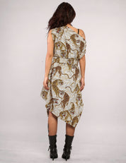 STUART TREVOR ivory tiger-print Pirate Dress – back view showing asymmetric panels and tiger-print fabric.