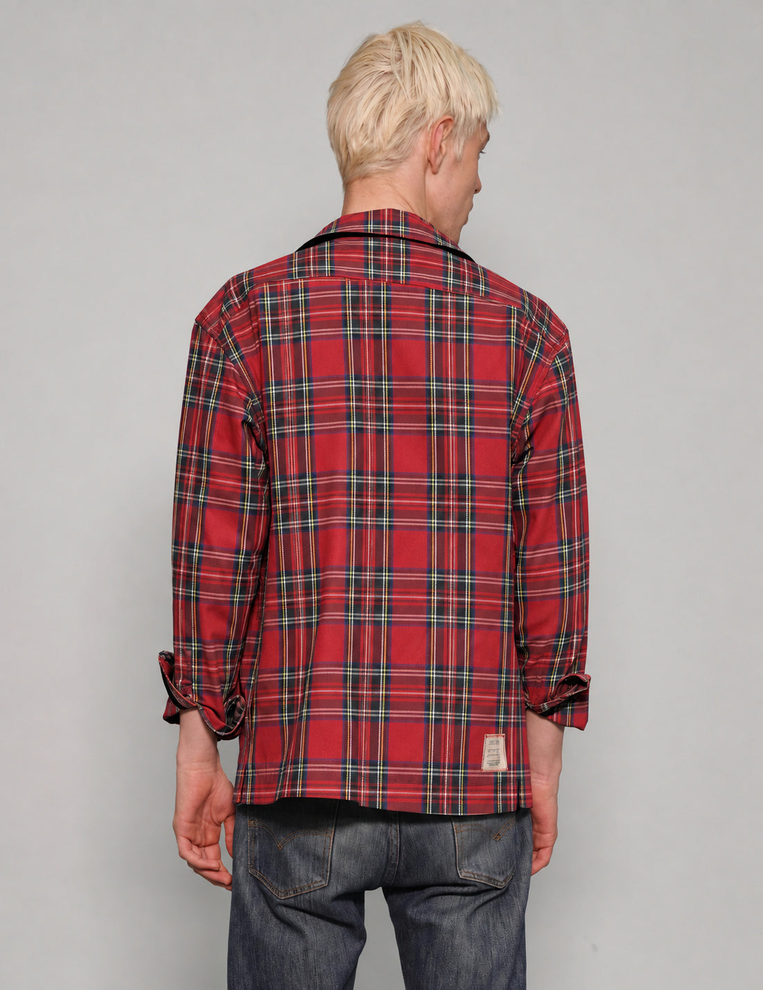 Back view of STUART TREVOR red tartan cotton workshirt showing the checked pattern.