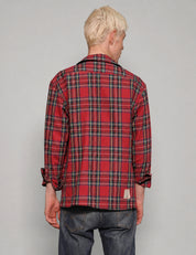 Back view of STUART TREVOR red tartan cotton workshirt showing the checked pattern.