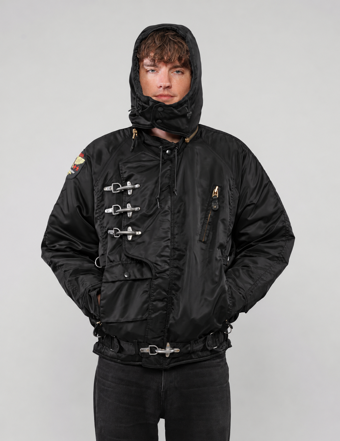 Black clasp-front jacket, front view without hood