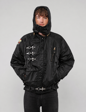 Black clasp-front jacket, front view without hood