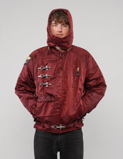 Clasp-Front Hooded Jacket in Burgundy; selected product photograph.