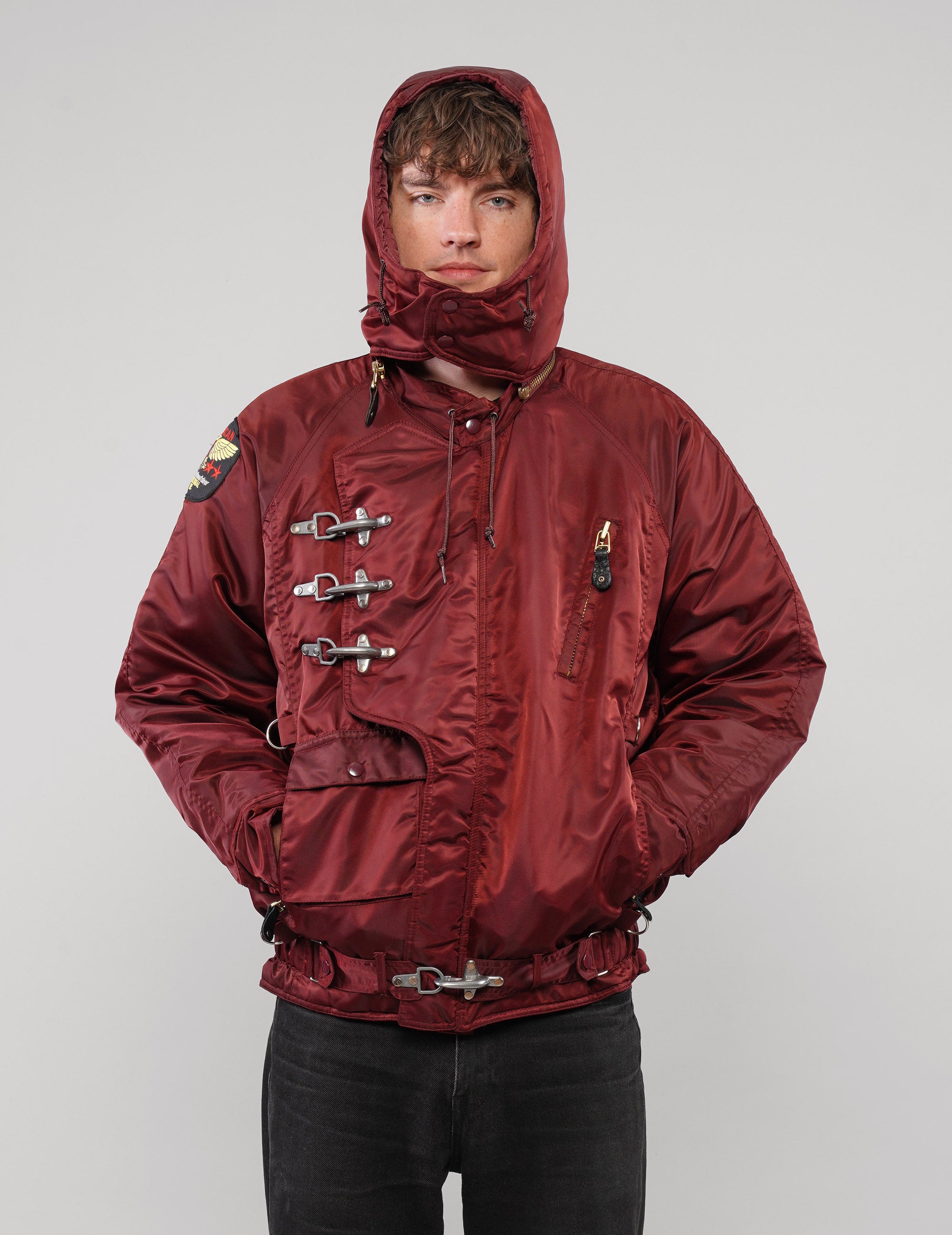 Clasp-Front Hooded Jacket in Burgundy; selected product photograph.