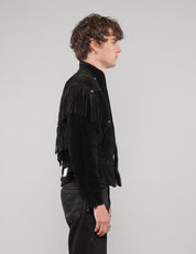 Right side view of the studded fringed zip jacket in black.