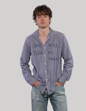 Navy and white Love Will Tear Us Apart gingham shirt, straight front view