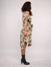 STUART TREVOR ivory tiger-print Pirate Dress – right side view showing hem length and silhouette.