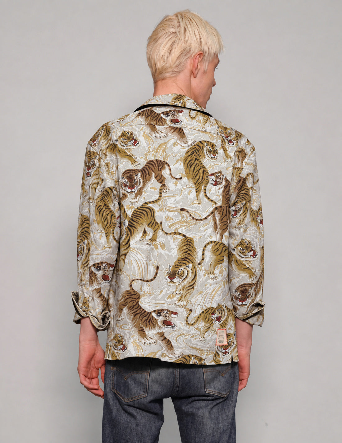 Back view of STUART TREVOR tiger workshirt showing the tiger-and-wave pattern.