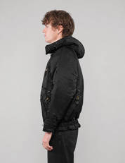 Black clasp-front jacket, back view without hood