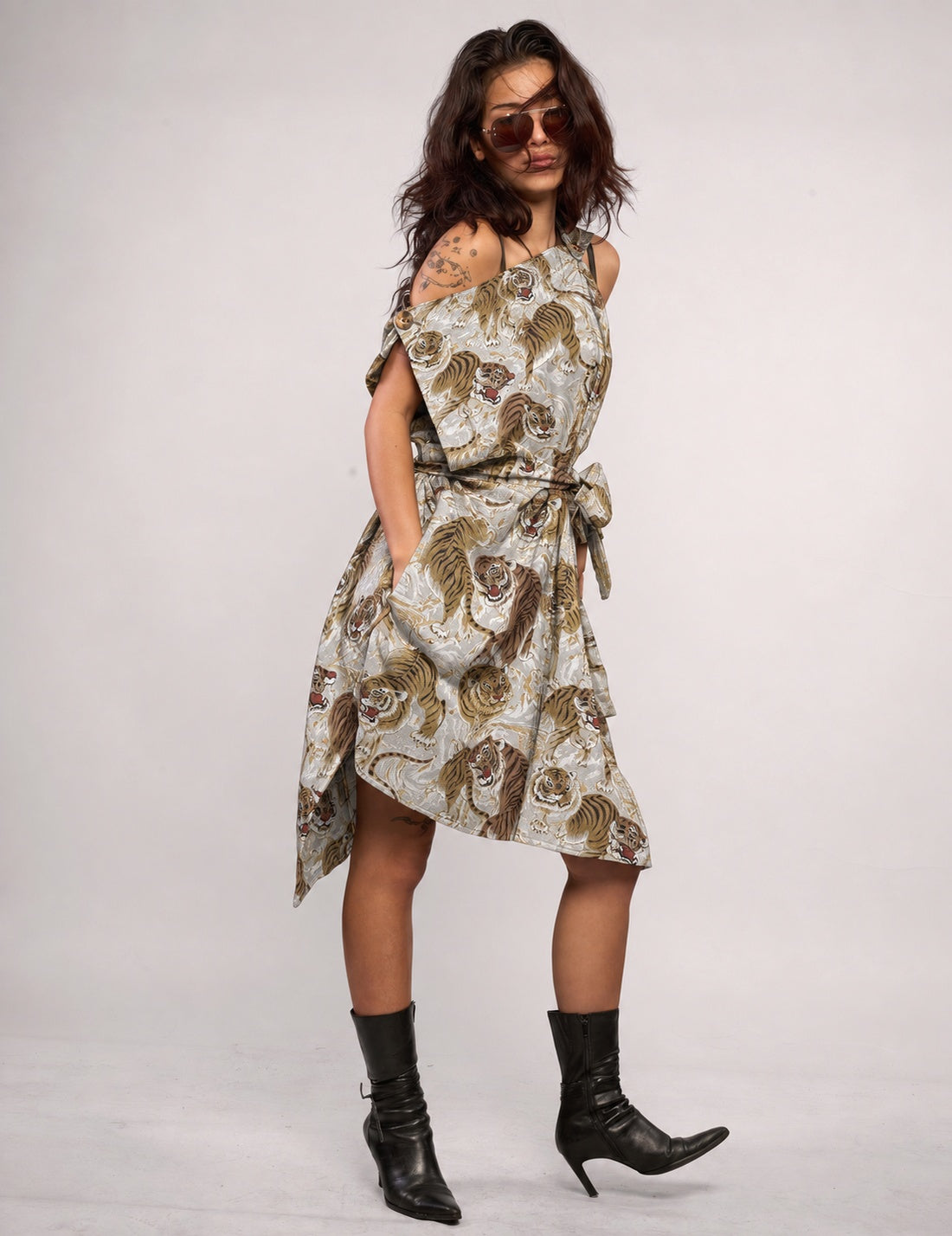 STUART TREVOR ivory tiger-print Pirate Dress – three-quarter view, belted, showing tiger motif detail.