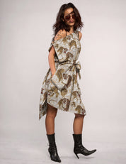 STUART TREVOR ivory tiger-print Pirate Dress – three-quarter view, belted, showing tiger motif detail.