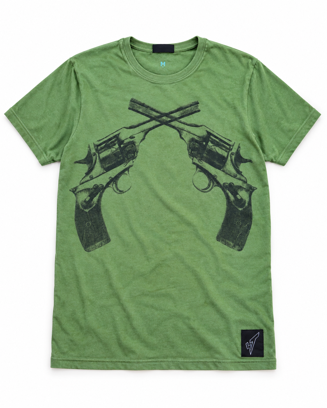 Woman wearing a green Crossed Pistols tee, profile view