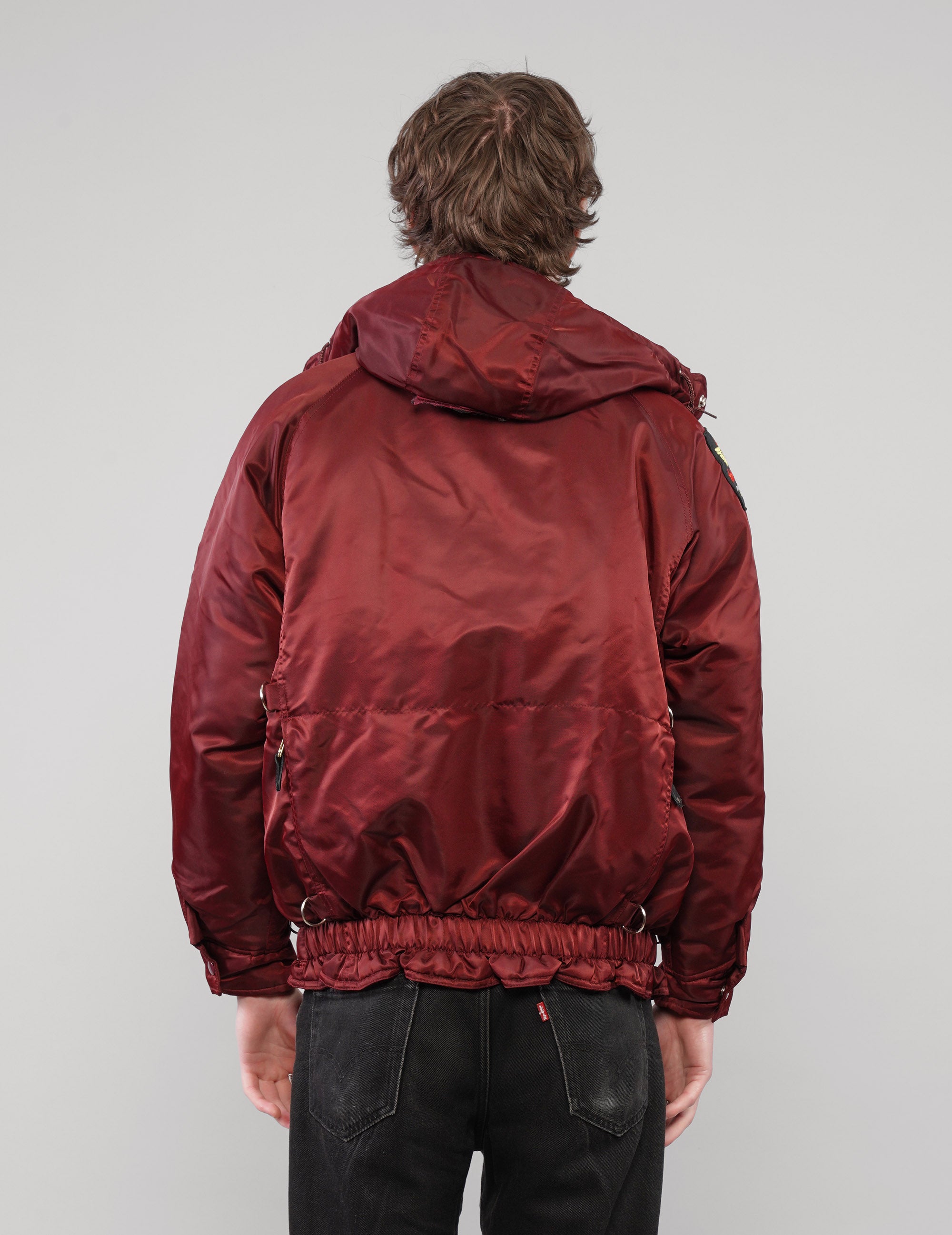Clasp-Front Hooded Jacket in Burgundy; selected product photograph.