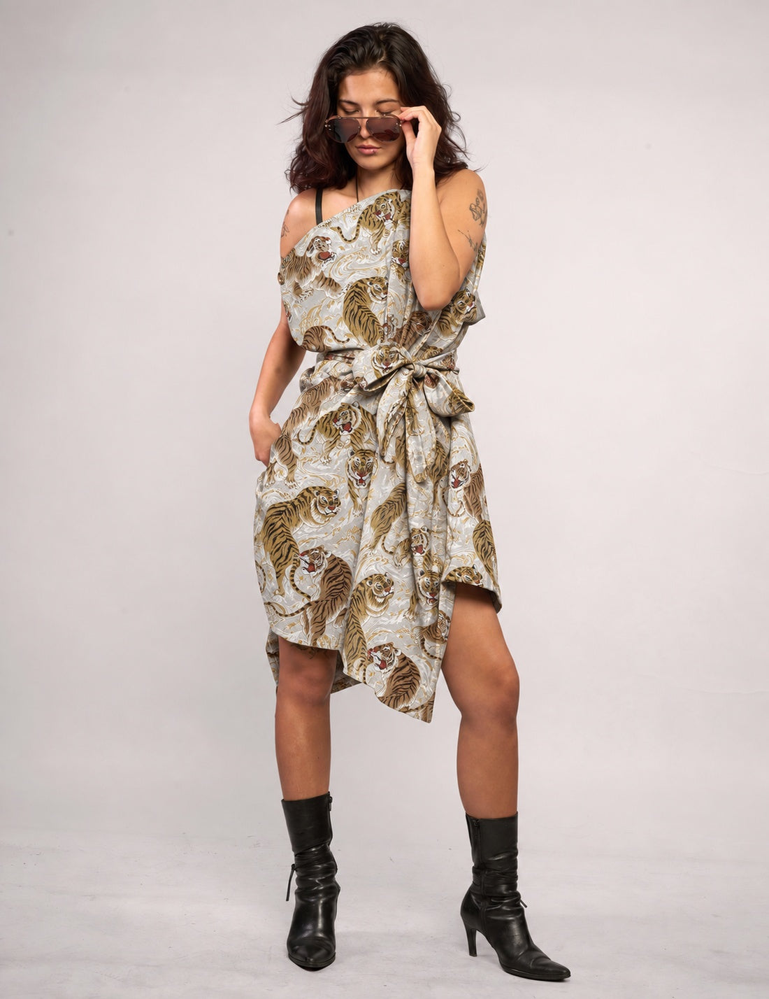 STUART TREVOR ivory tiger-print Pirate Dress – front view with sunglasses styling.
