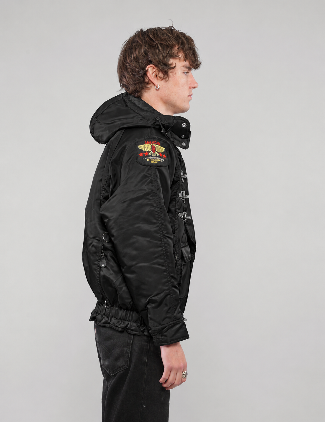 Black US Fireman’s Clasp-Front Hooded Jacket, front detail