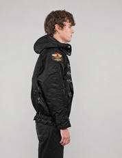 Black US Fireman’s Clasp-Front Hooded Jacket, front detail
