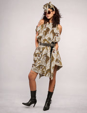 STUART TREVOR ivory tiger-print Pirate Dress – styled with headscarf, showing versatile wear options.