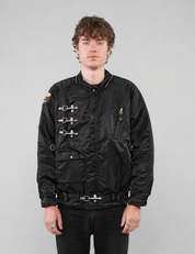 Black hooded clasp-front jacket, side profile